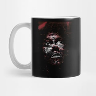 Monster like creature, girl, looking up. Dark. Black skin, with white spots. Red. Mug